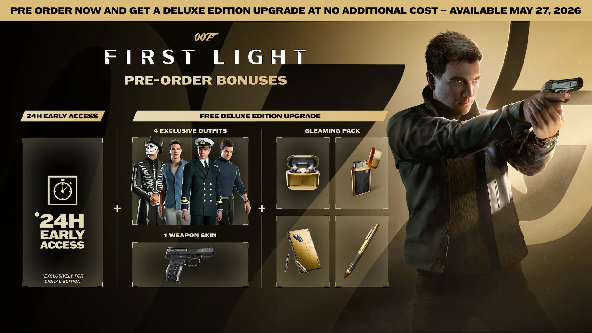 Bônus de pré-venda de 007 First Light com upgrade gratuito para Deluxe Edition, 24h de acesso antecipado, 4 outfits exclusivos, skin de arma e Gleaming Pack