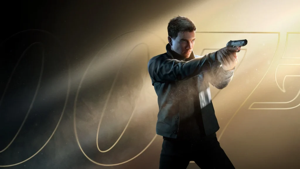 Arte oficial de 007 First Light para PS5 mostrando o jovem James Bond empunhando sua pistola Walther PPK com o icônico logo 007 ao fundo
