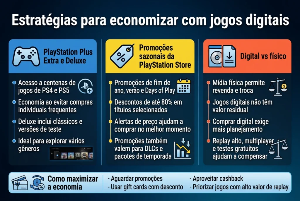 Economia com jogos digitais no PlayStation 5 através da PlayStation Store e PS Plus em 2026.