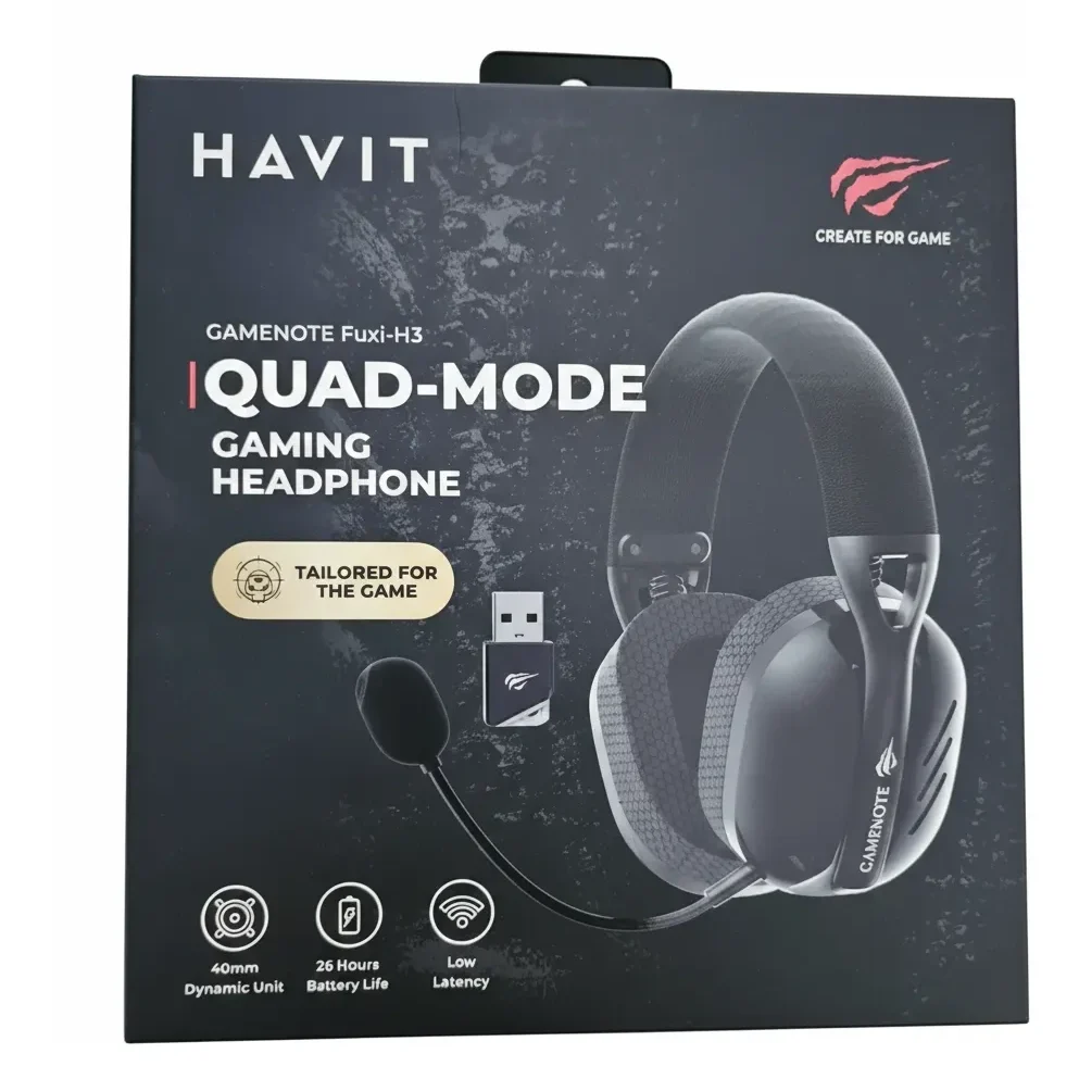 Caixa do headset gamer Havit Fuxi H3 com dongle 2.4GHz e cabo USB-C