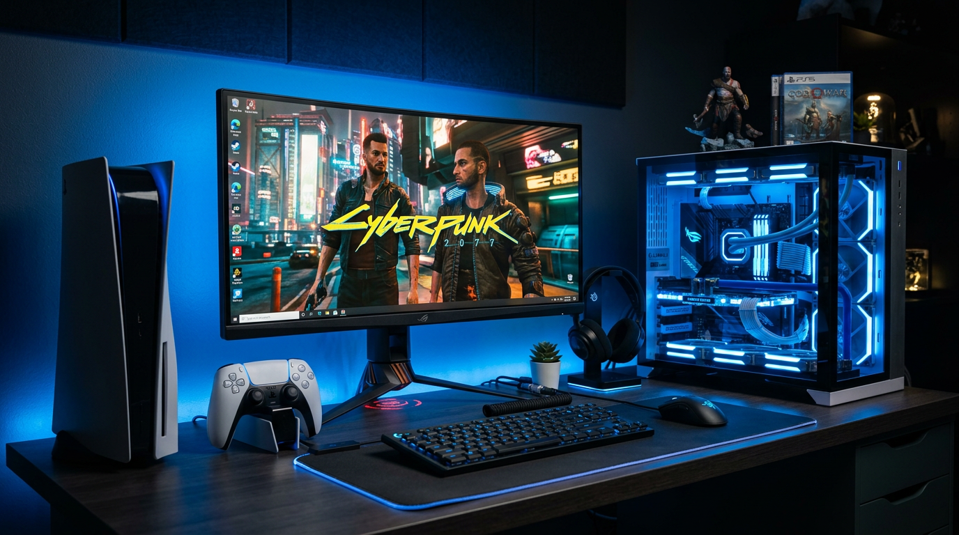 Criador da Lootix Brasil trabalhando em setup com PS5 e PC Gamer