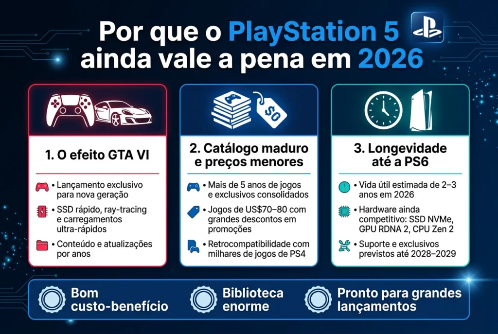 Comparação das melhores épocas do ano para comprar um PlayStation 5 em 2026 com descontos e ofertas especiais. Vale a Pena Comprar um PlayStation 5 em 2026