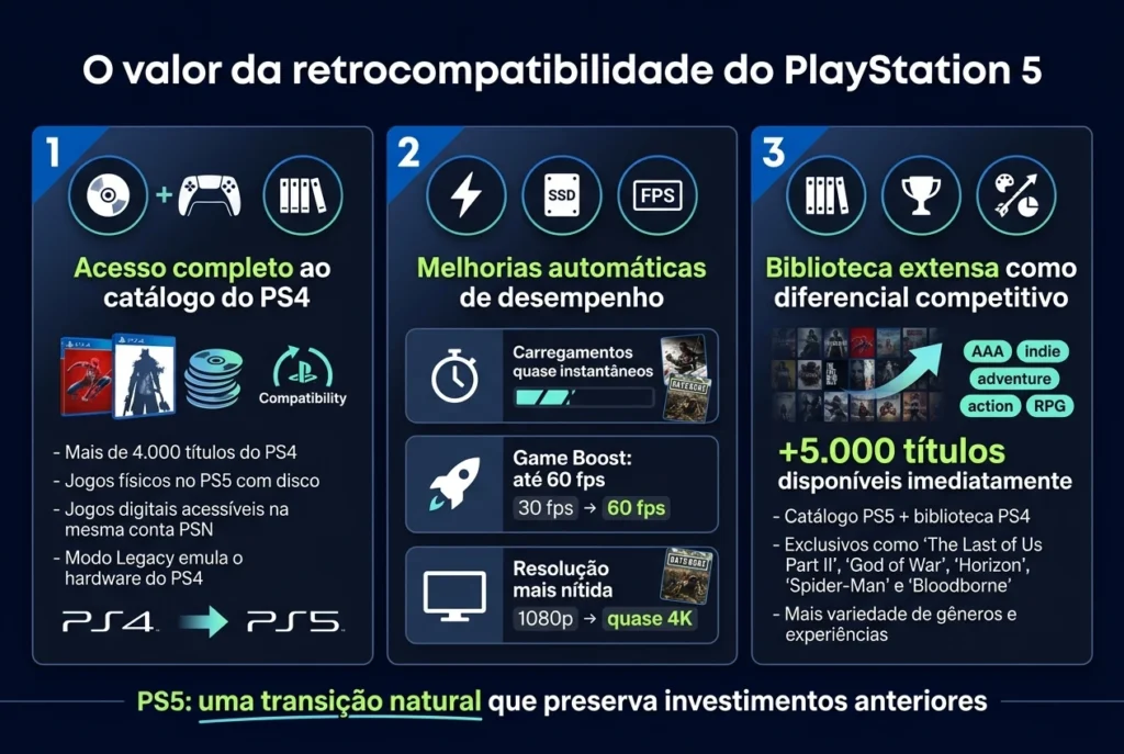 Infográfico mostrando as vantagens da retrocompatibilidade do PlayStation 5 com jogos de PS4, incluindo melhorias de desempenho e acesso à biblioteca antiga.