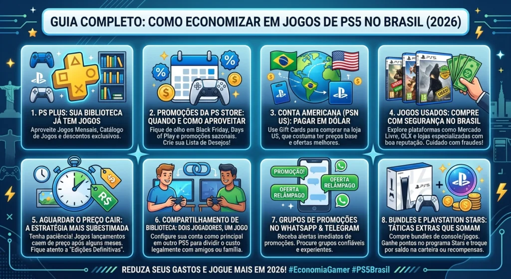 dicas para economizar e pagar menos em jogos de PS5 no Brasil em 2026