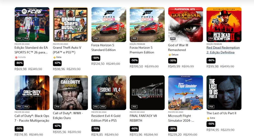 Tabela de ofertas PSN Brasil com preços para PS4 e PS5
