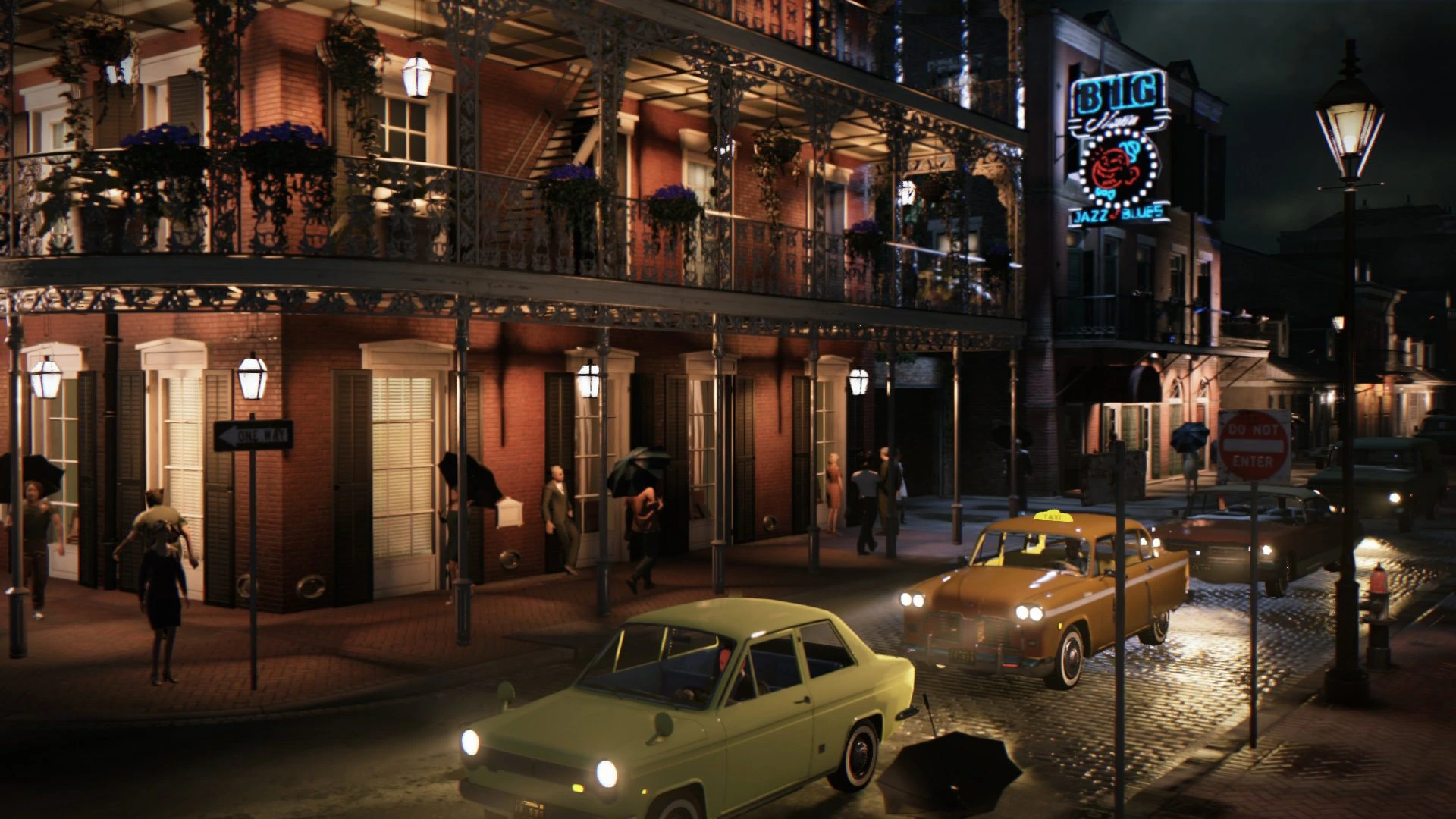 Mafia III com o mostrando o personagem John Donovan em destaque com iluminação vermelha, um carro clássico preto em movimento e cenas de ação ao fundo.
