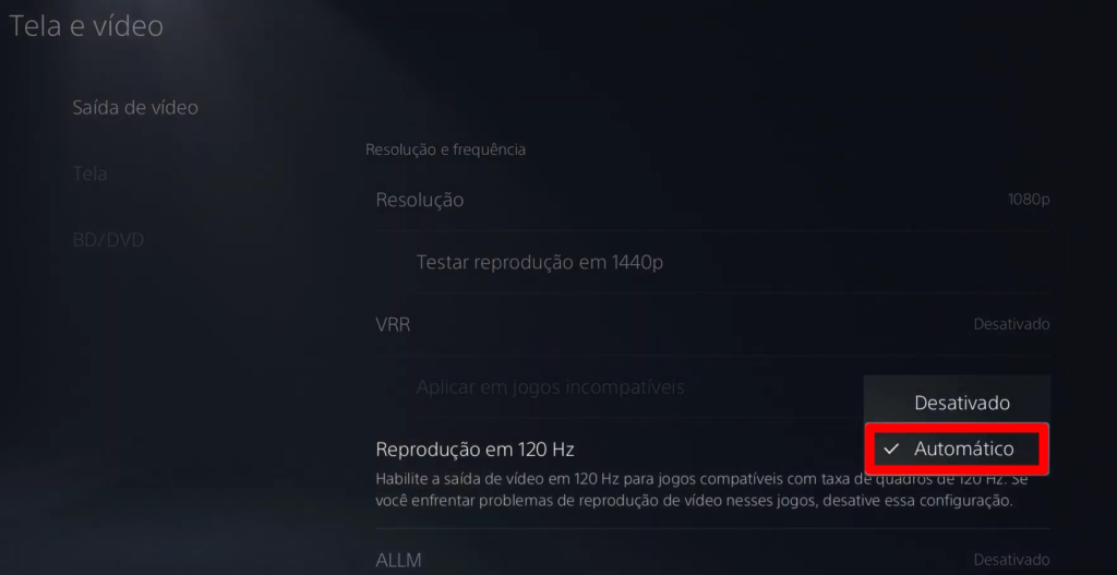 tela de configurações do PS5 para ativar 120Hz em monitor 144Hz