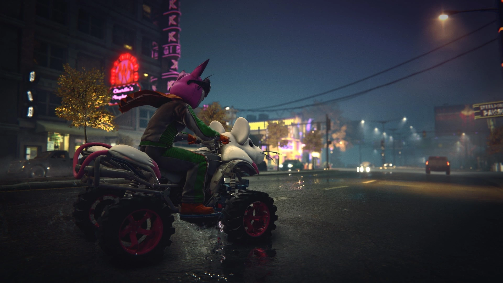 Saints Row de 2022, apresentando uma personagem sentada no topo de uma grande cabeça de mascote de caubói danificada por tiros, segurando um rifle sob um céu azul claro.