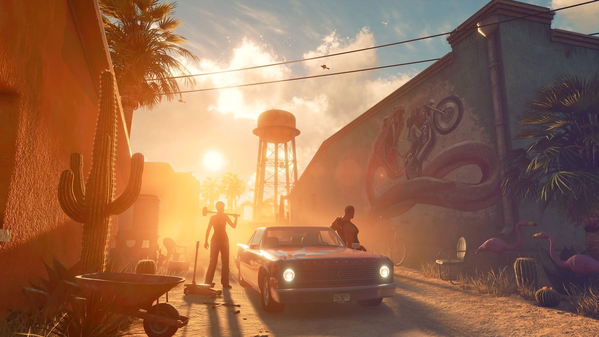 Saints Row: The Third Remastered mostrando cinco membros da gangue Third Street Saints caminhando imponentes sob um céu nublado e roxo, com a cidade iluminada abaixo.