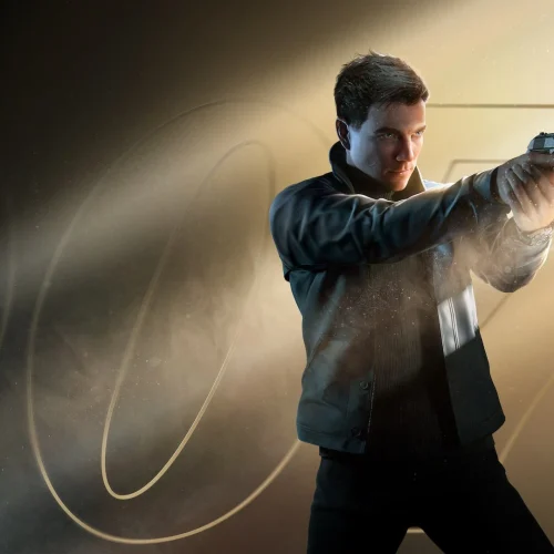 Arte oficial de 007 First Light para PS5 mostrando o jovem James Bond empunhando sua pistola Walther PPK com o icônico logo 007 ao fundo